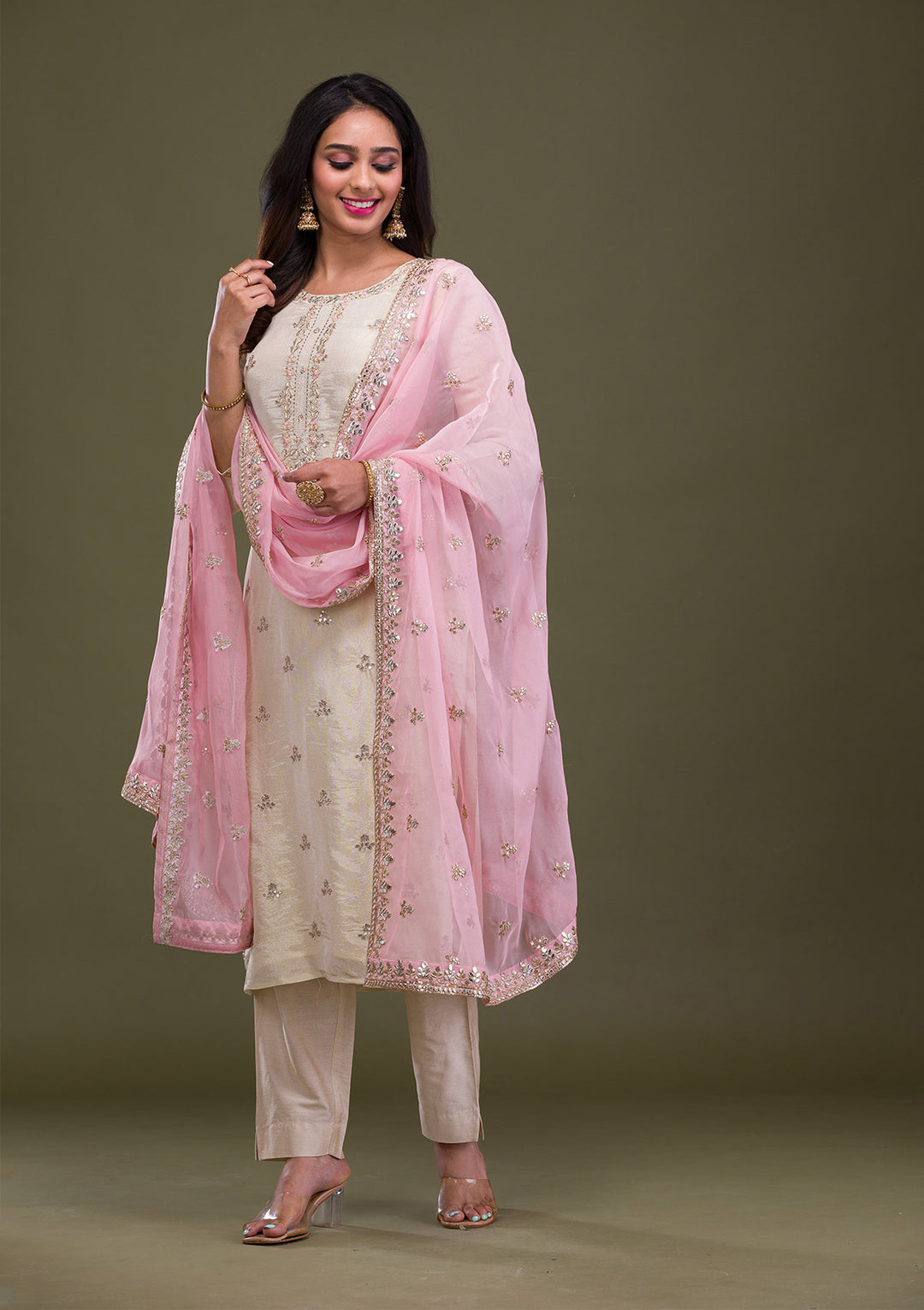 Beige Gotapatti Art Silk Readymade Salwar Suit