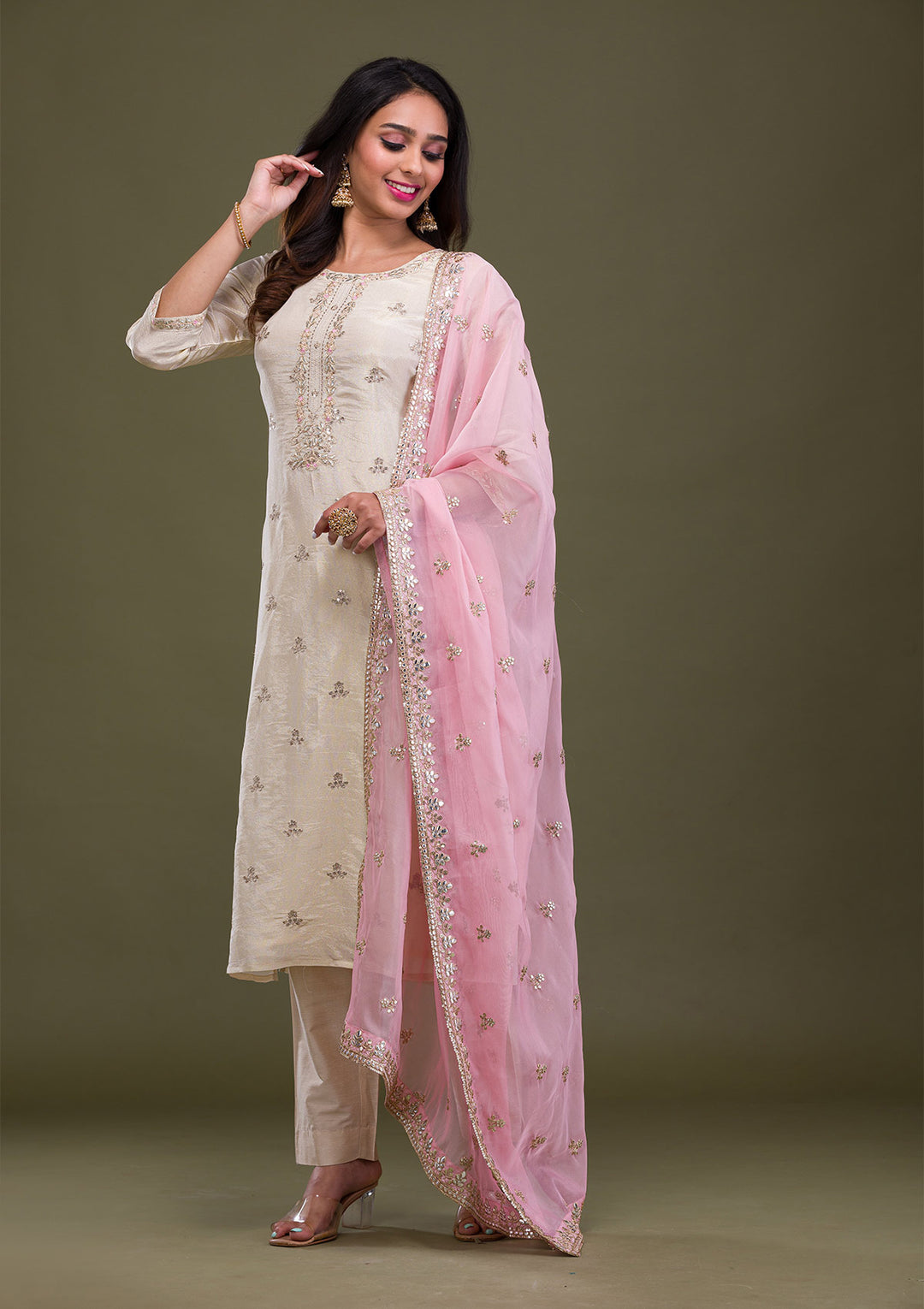 Beige Gotapatti Art Silk Readymade Salwar Suit