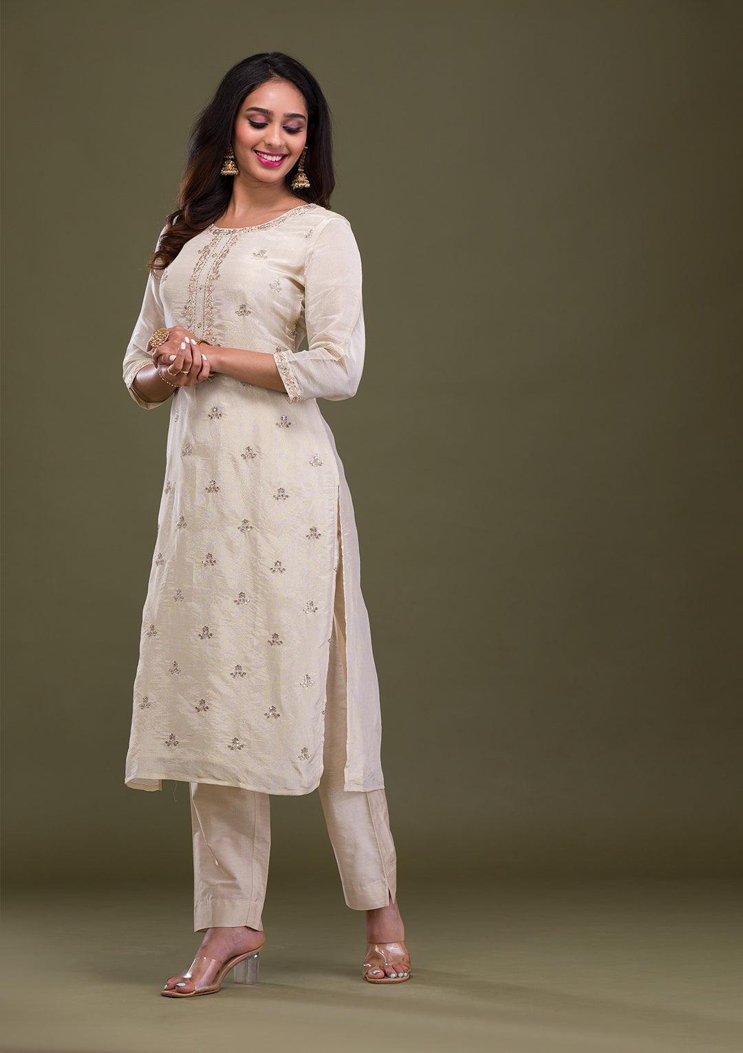 Beige Gotapatti Art Silk Readymade Salwar Suit