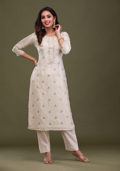 Beige Gotapatti Art Silk Readymade Salwar Suit