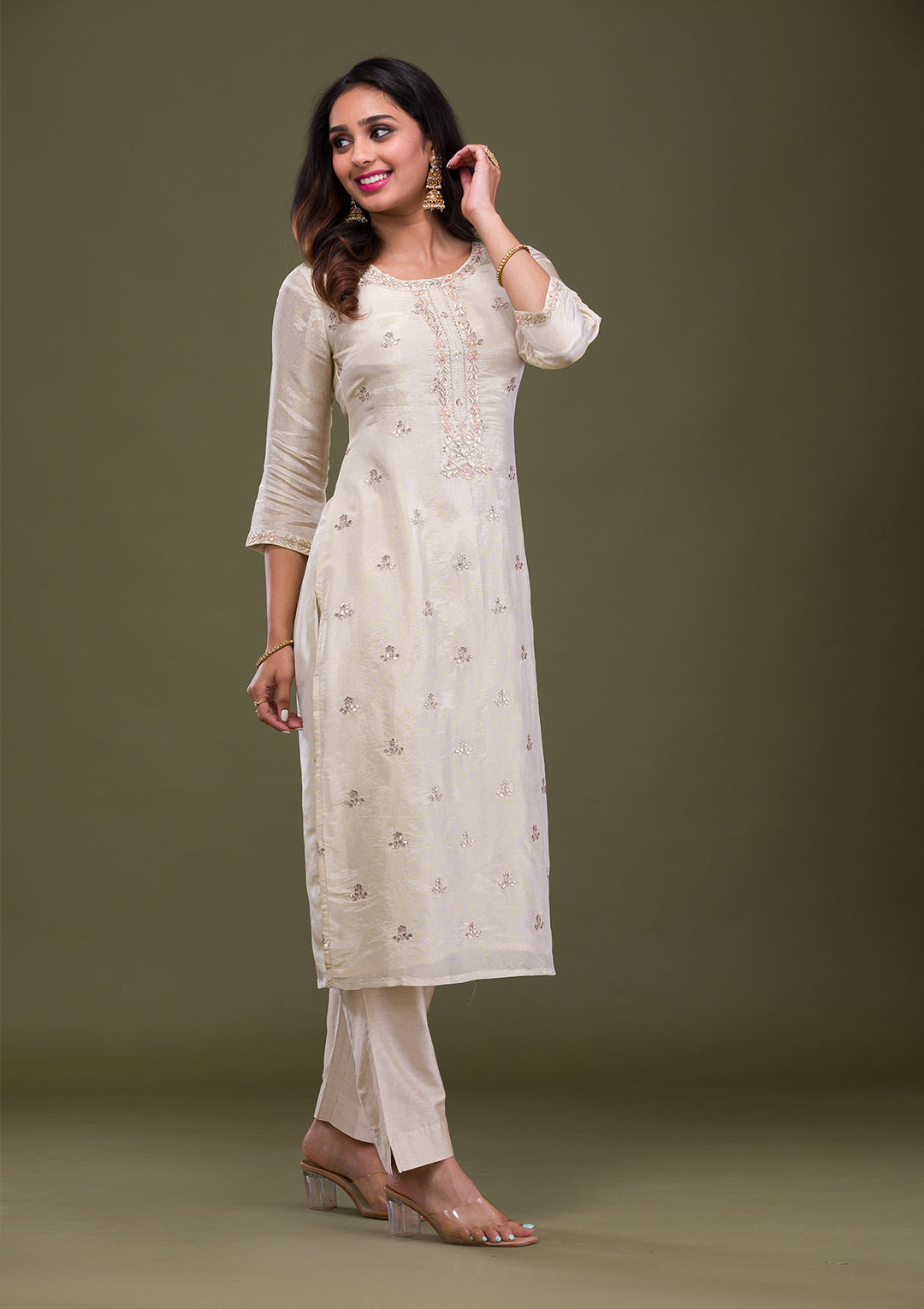 Beige Gotapatti Art Silk Readymade Salwar Suit