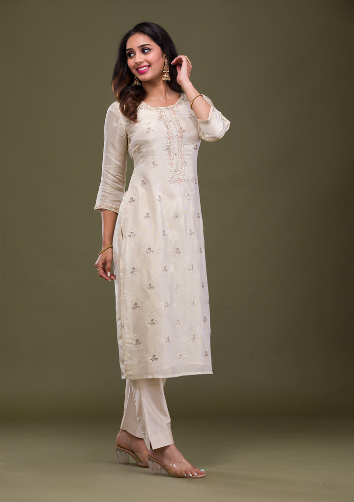 Beige Gotapatti Art Silk Readymade Salwar Suit