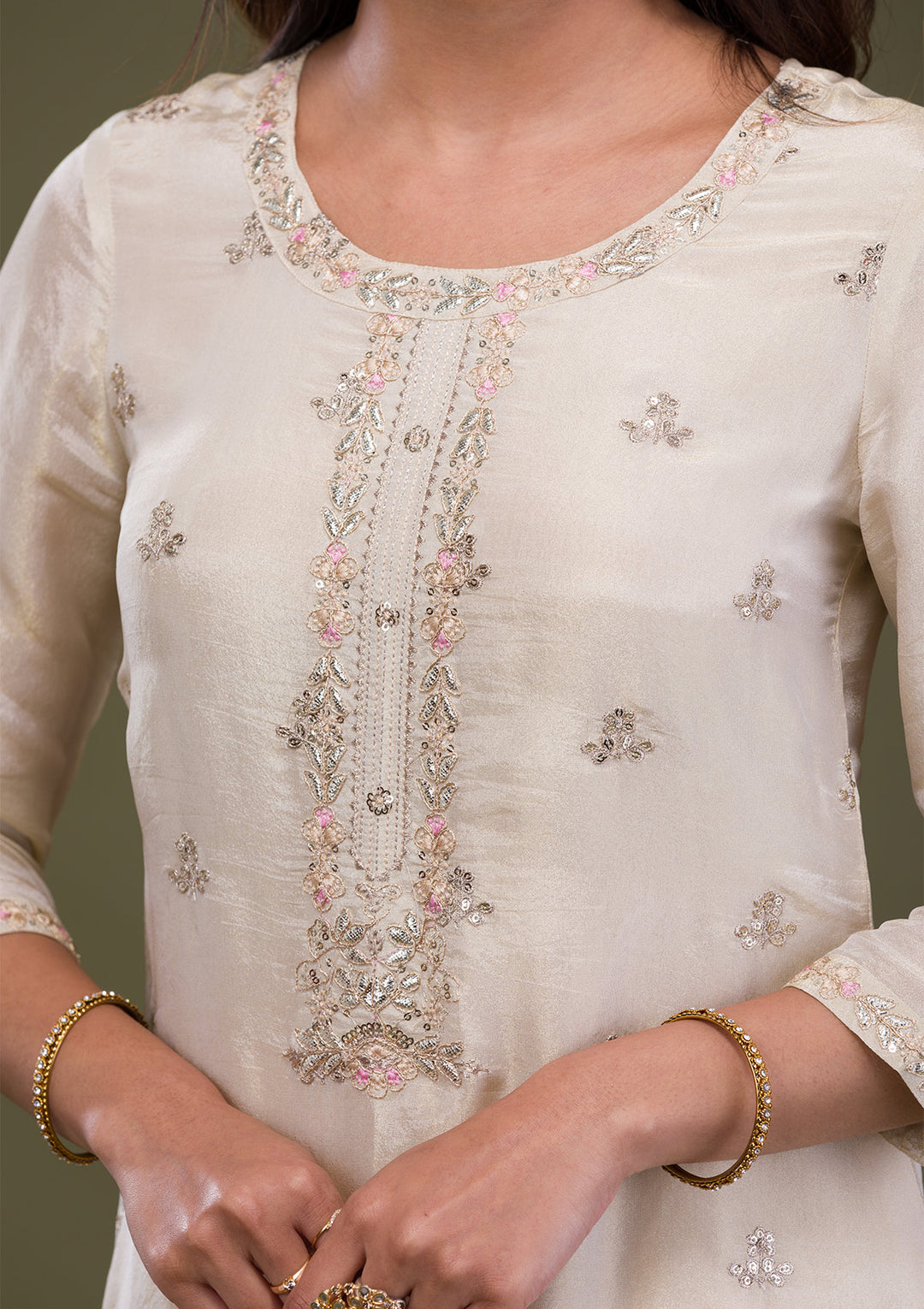 Beige Gotapatti Art Silk Readymade Salwar Suit