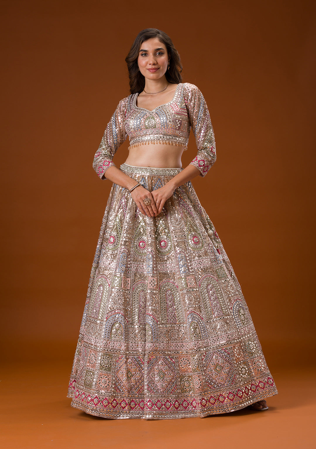 Beige Gotapatti Net Readymade Lehenga