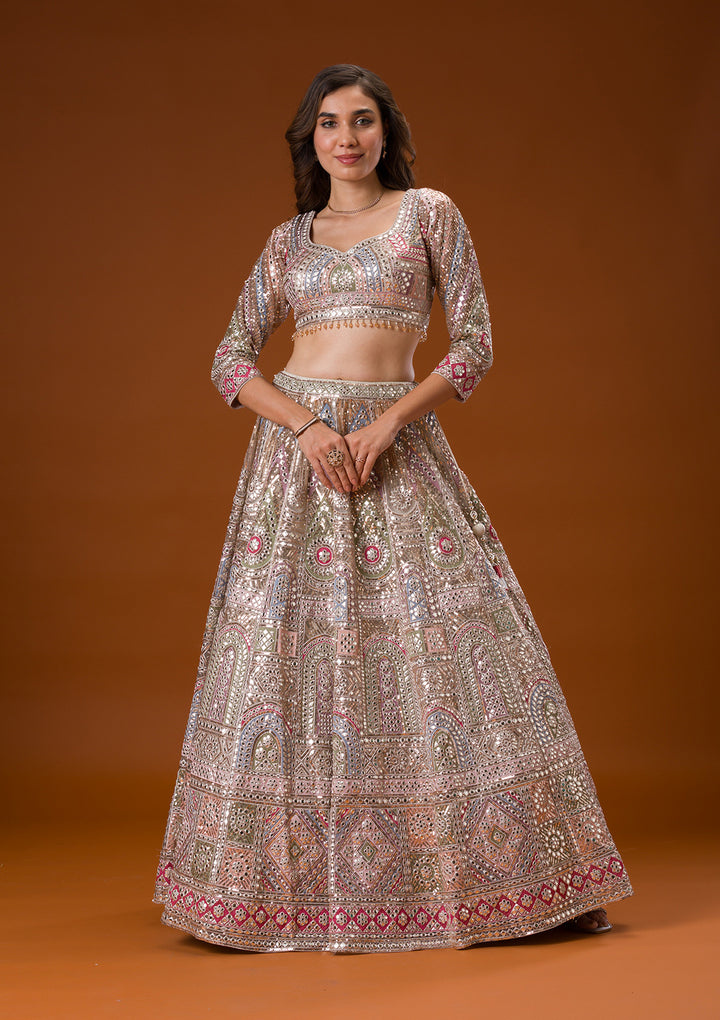 Beige Gotapatti Net Readymade Lehenga