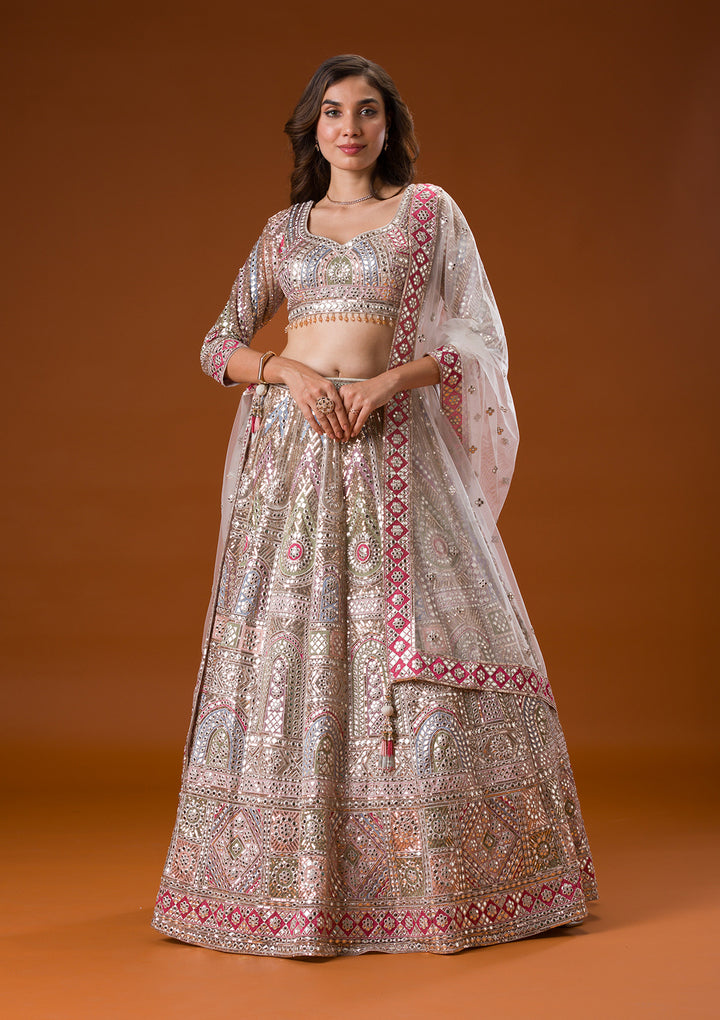 Beige Gotapatti Net Readymade Lehenga