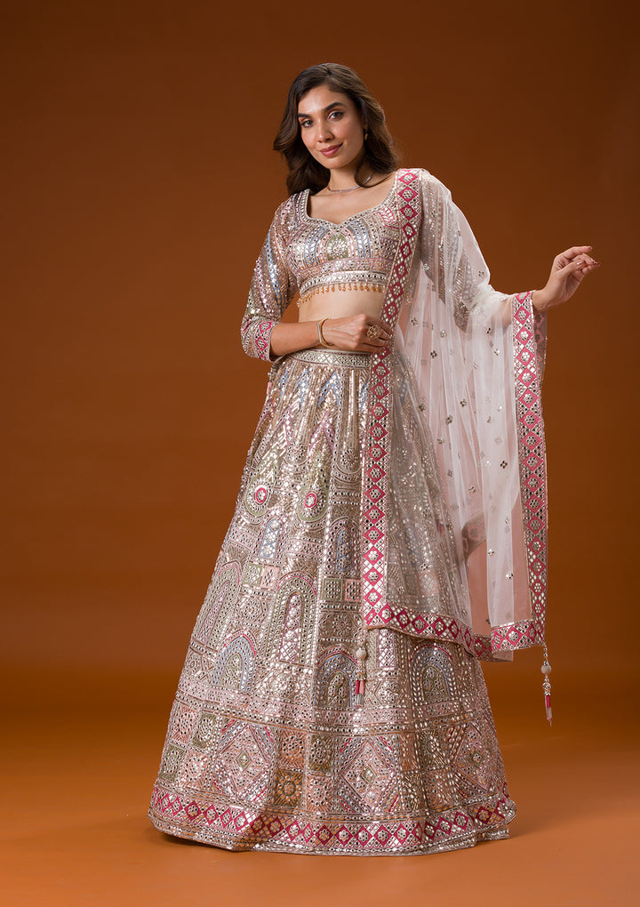 Beige Gotapatti Net Readymade Lehenga