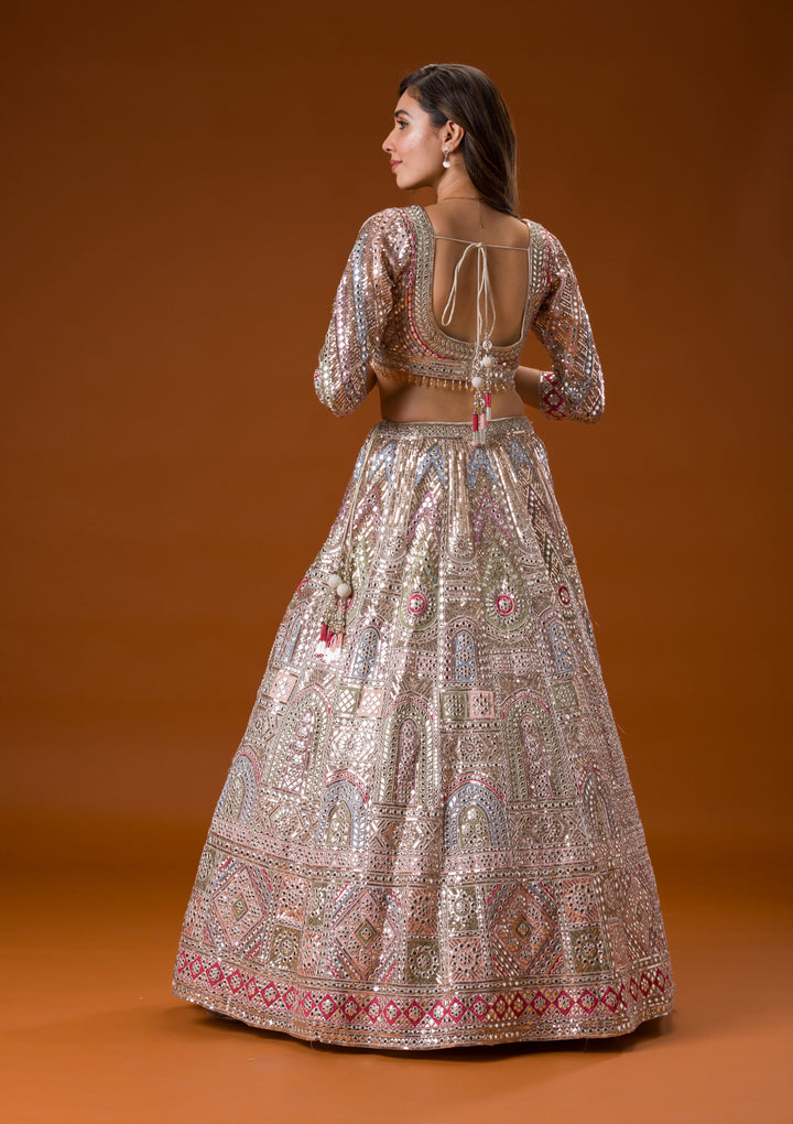 Beige Gotapatti Net Readymade Lehenga