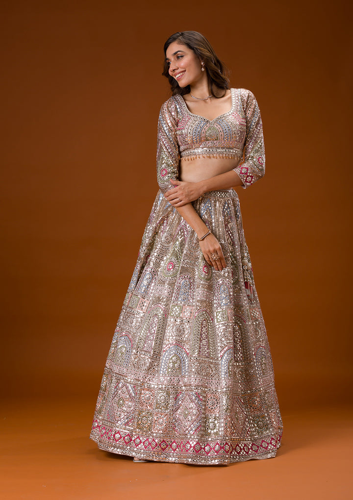 Beige Gotapatti Net Readymade Lehenga