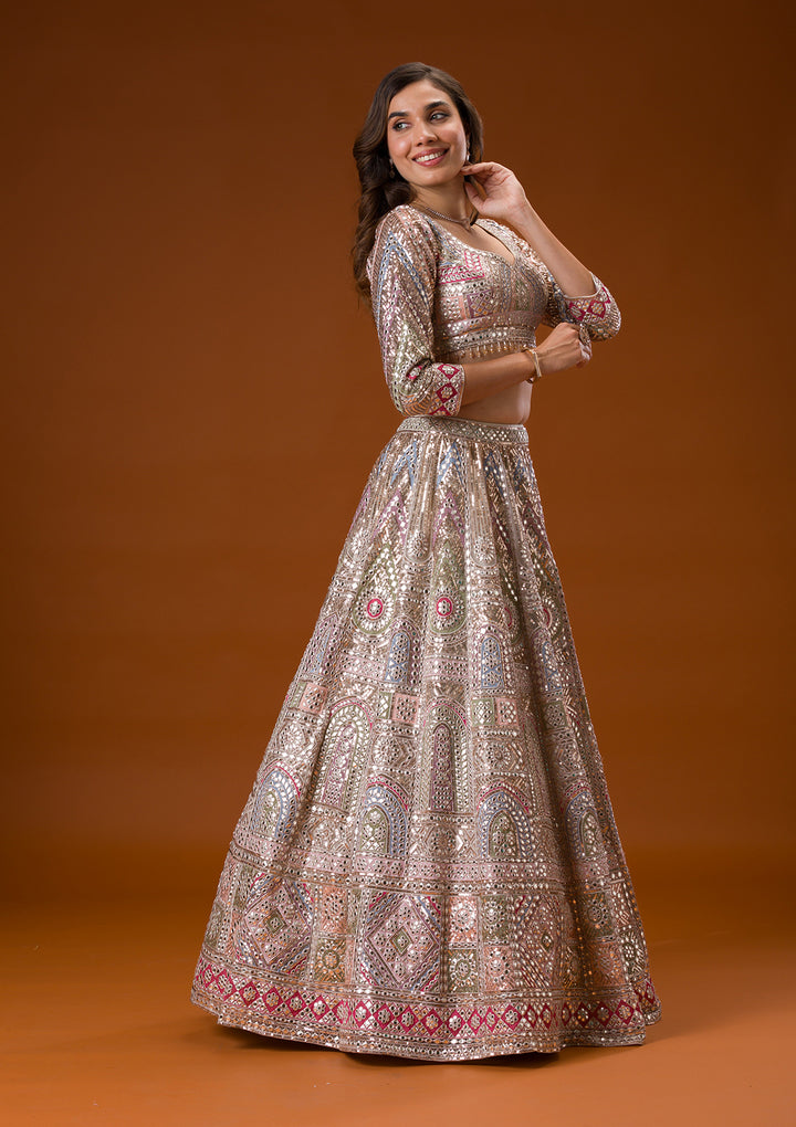 Beige Gotapatti Net Readymade Lehenga