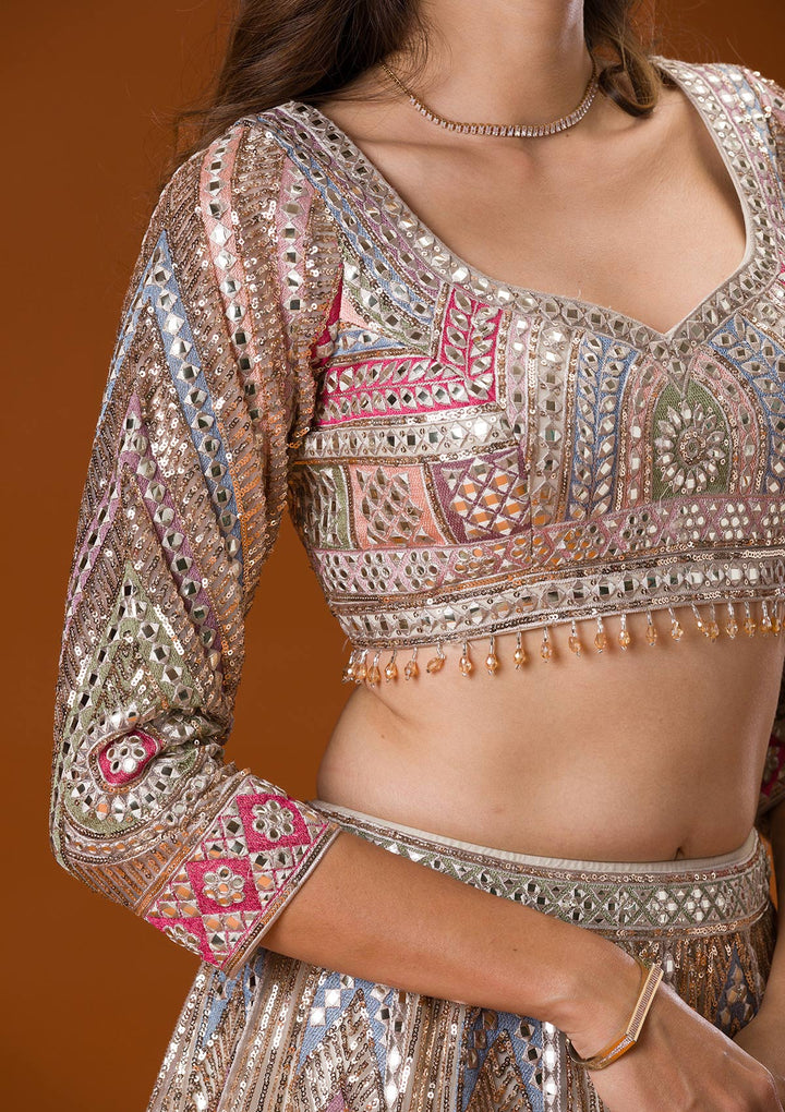 Beige Gotapatti Net Readymade Lehenga
