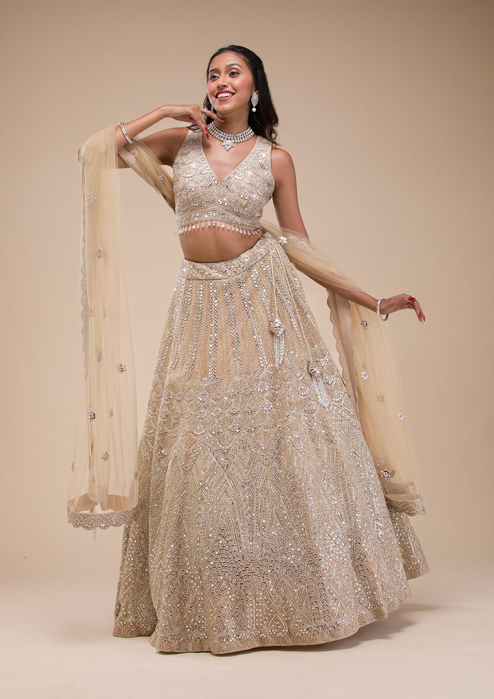 Beige Mirrorwork Net Readymade Lehenga