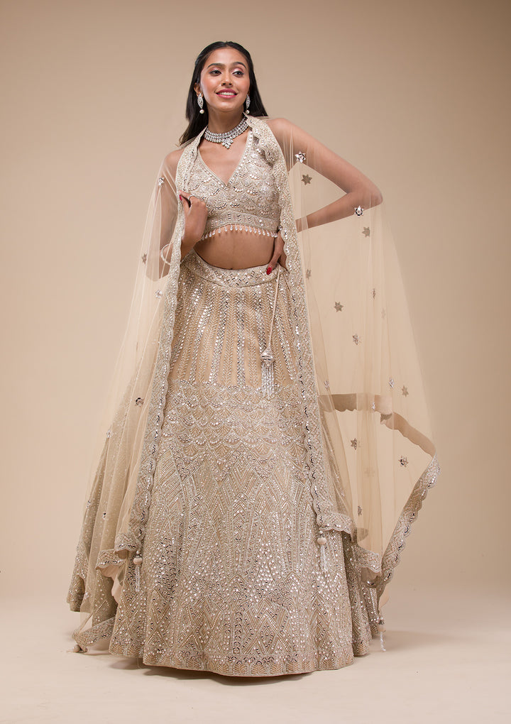 Beige Mirrorwork Net Readymade Lehenga