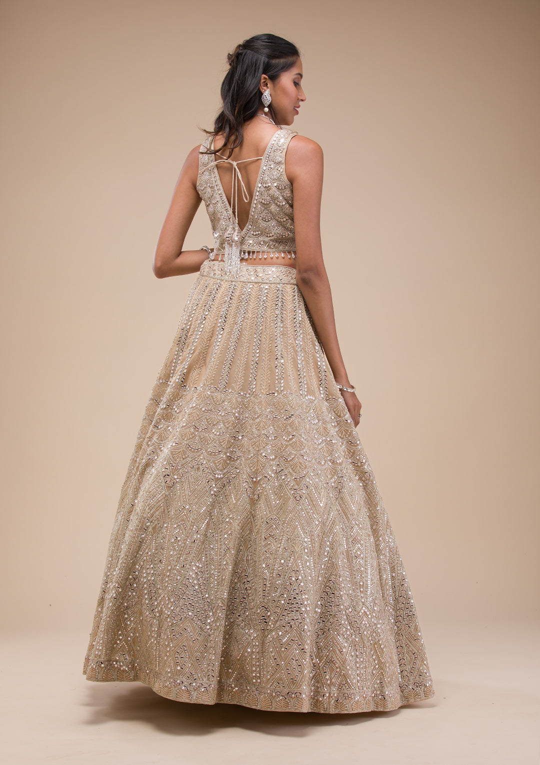 Beige Mirrorwork Net Readymade Lehenga