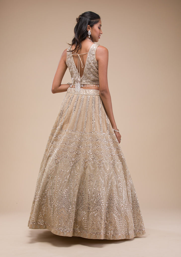 Beige Mirrorwork Net Readymade Lehenga