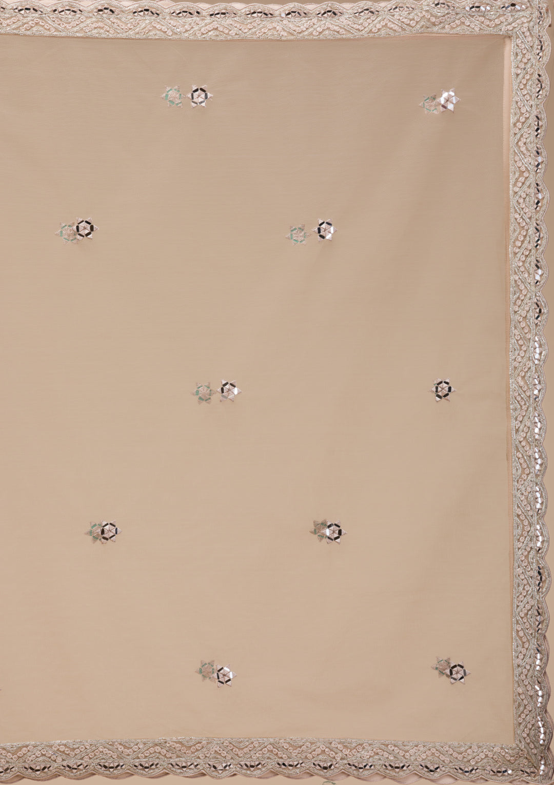Beige Mirrorwork Net Readymade Lehenga