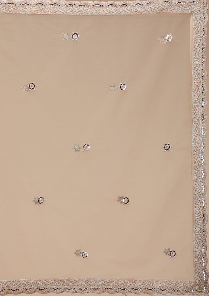 Beige Mirrorwork Net Readymade Lehenga