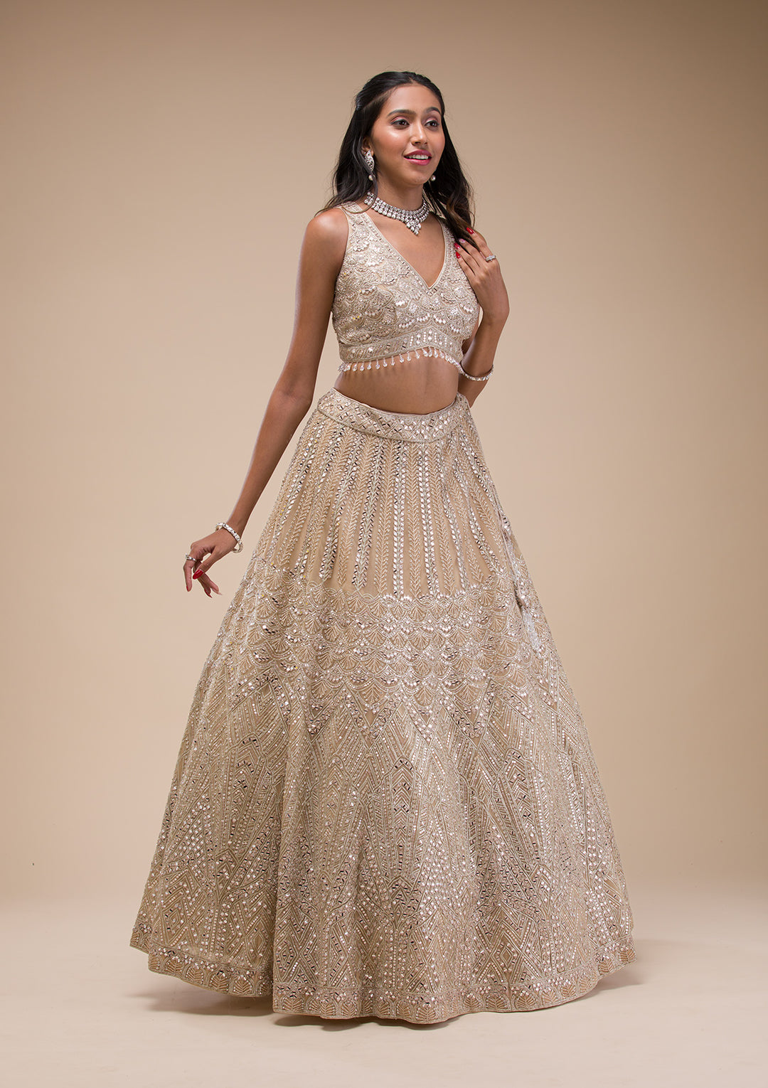 Beige Mirrorwork Net Readymade Lehenga
