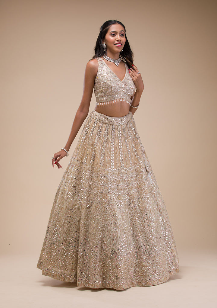 Beige Mirrorwork Net Readymade Lehenga