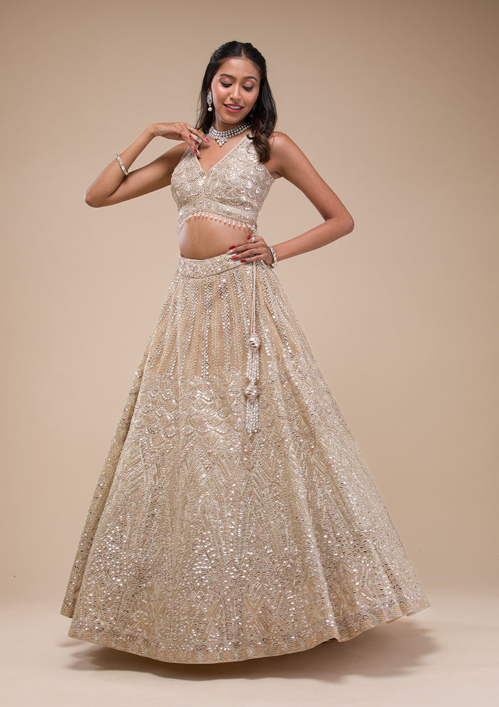 Beige Mirrorwork Net Readymade Lehenga