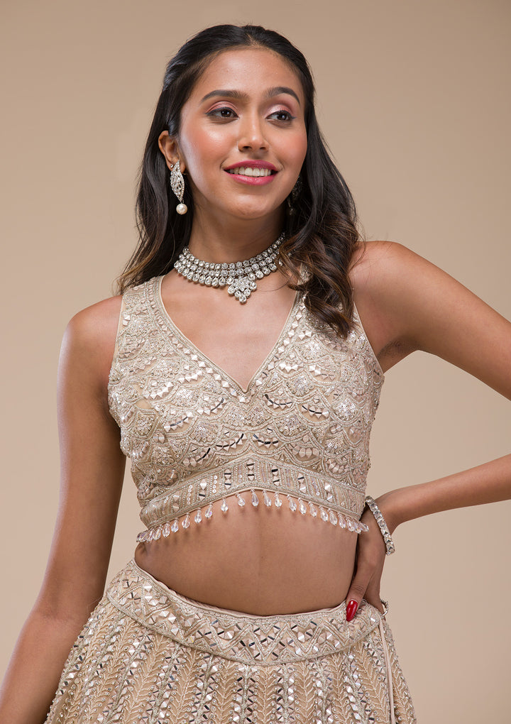 Beige Mirrorwork Net Readymade Lehenga