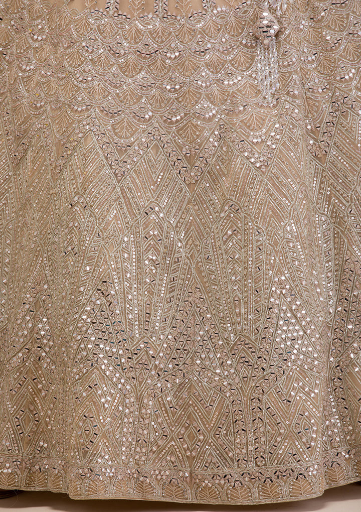 Beige Mirrorwork Net Readymade Lehenga
