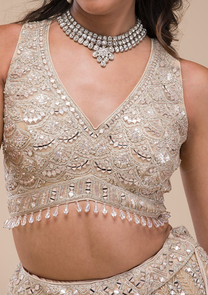 Beige Mirrorwork Net Readymade Lehenga