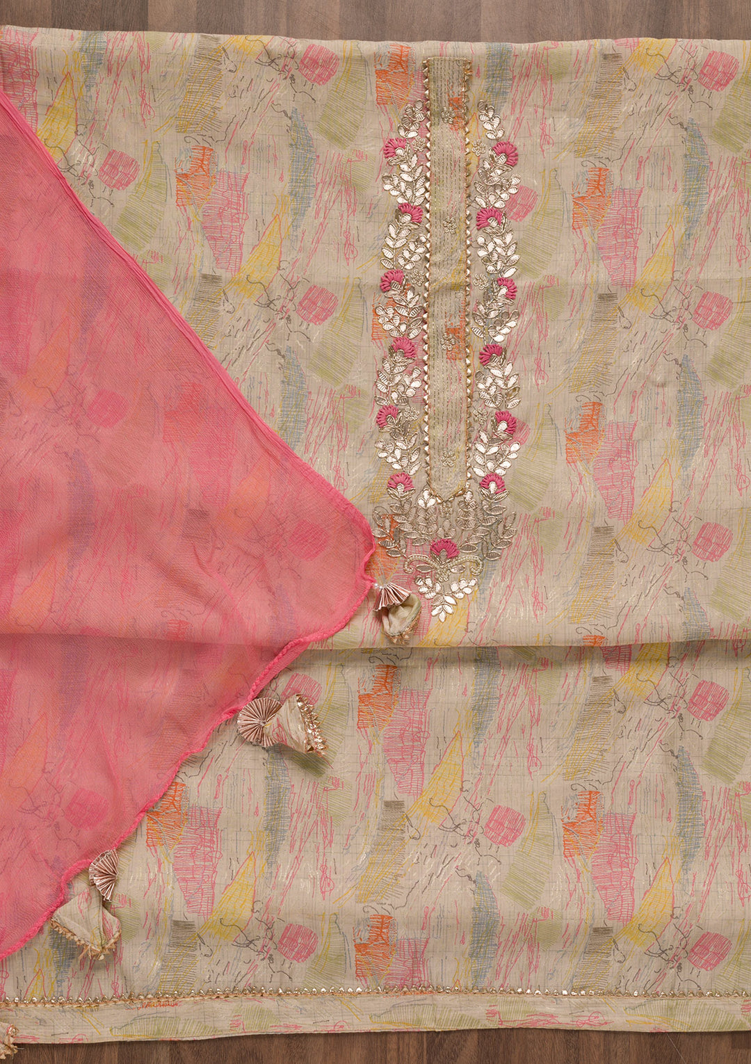 Beige Printed Georgette Unstitched Salwar Suit