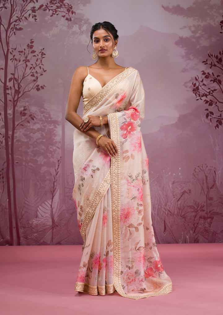 Beige Printed Georgette Saree