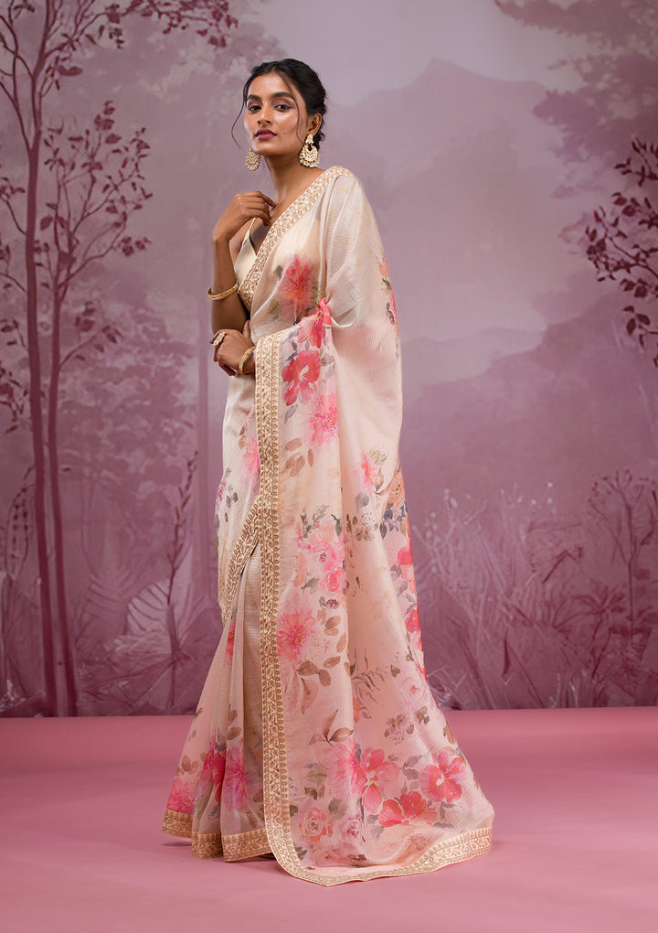 Beige Printed Georgette Saree