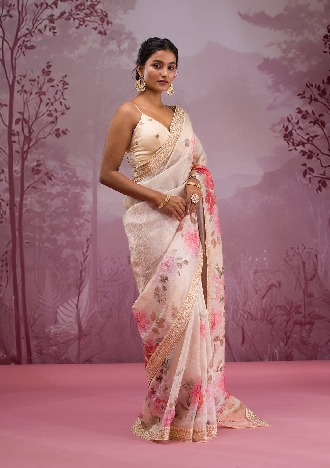 Beige Printed Georgette Saree