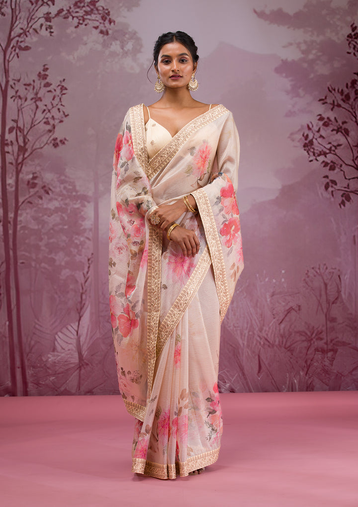 Beige Printed Georgette Saree