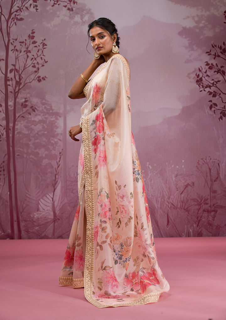 Beige Printed Georgette Saree