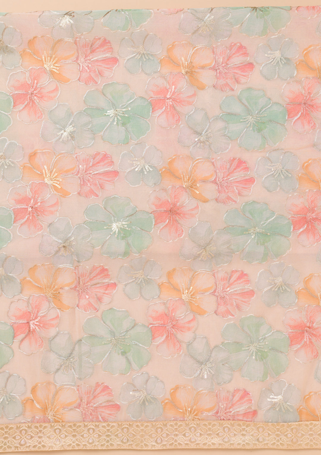 Beige Printed Organza Unstitched Salwar Suit