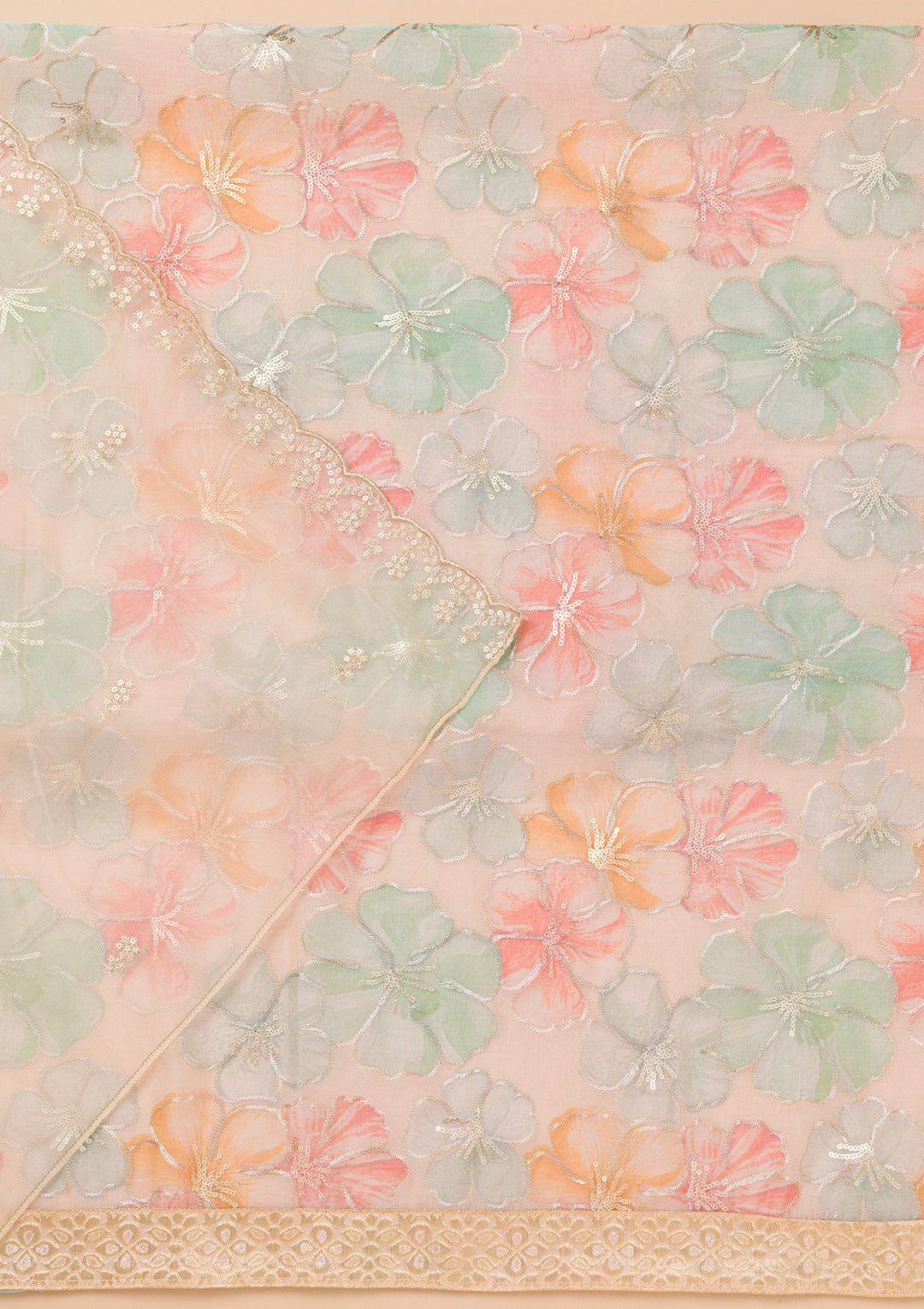 Beige Printed Organza Unstitched Salwar Suit