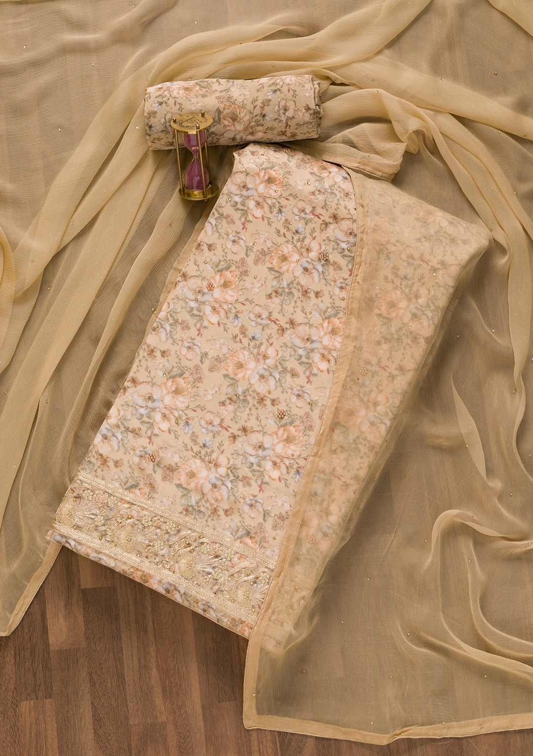 Beige Printed Semi Crepe Unstitched Salwar Suit-Koskii