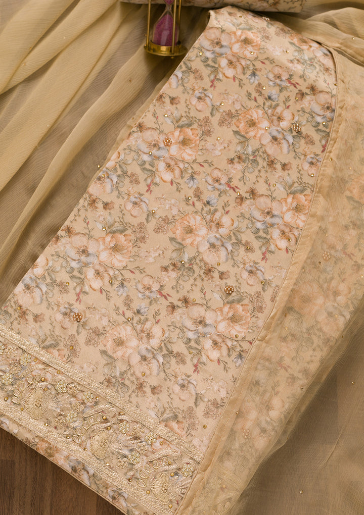 Beige Printed Semi Crepe Unstitched Salwar Suit