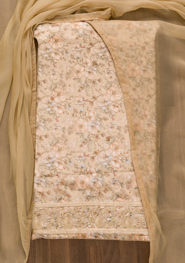 Beige Printed Semi Crepe Unstitched Salwar Suit
