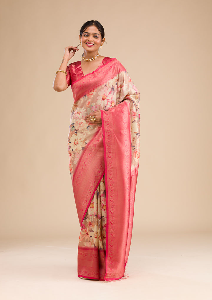 Beige Printed Soft Silk Saree