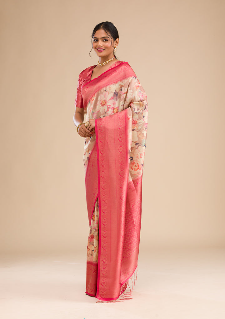 Beige Printed Soft Silk Saree