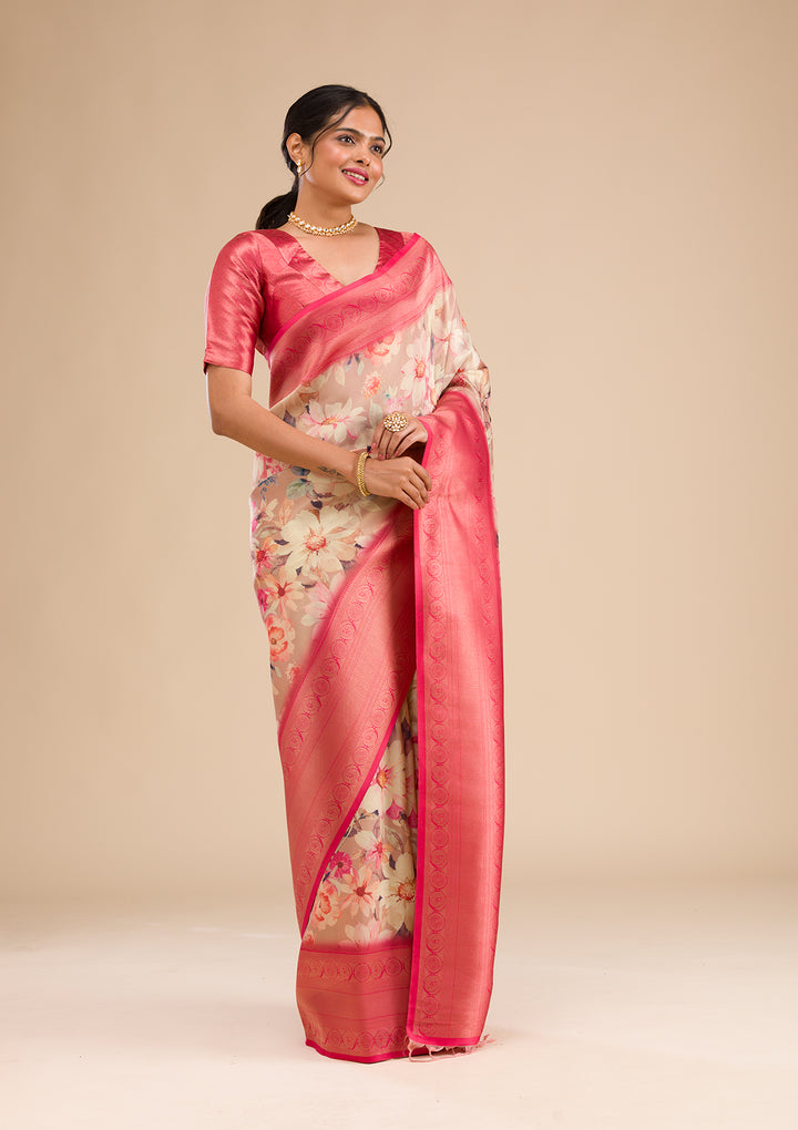 Beige Printed Soft Silk Saree