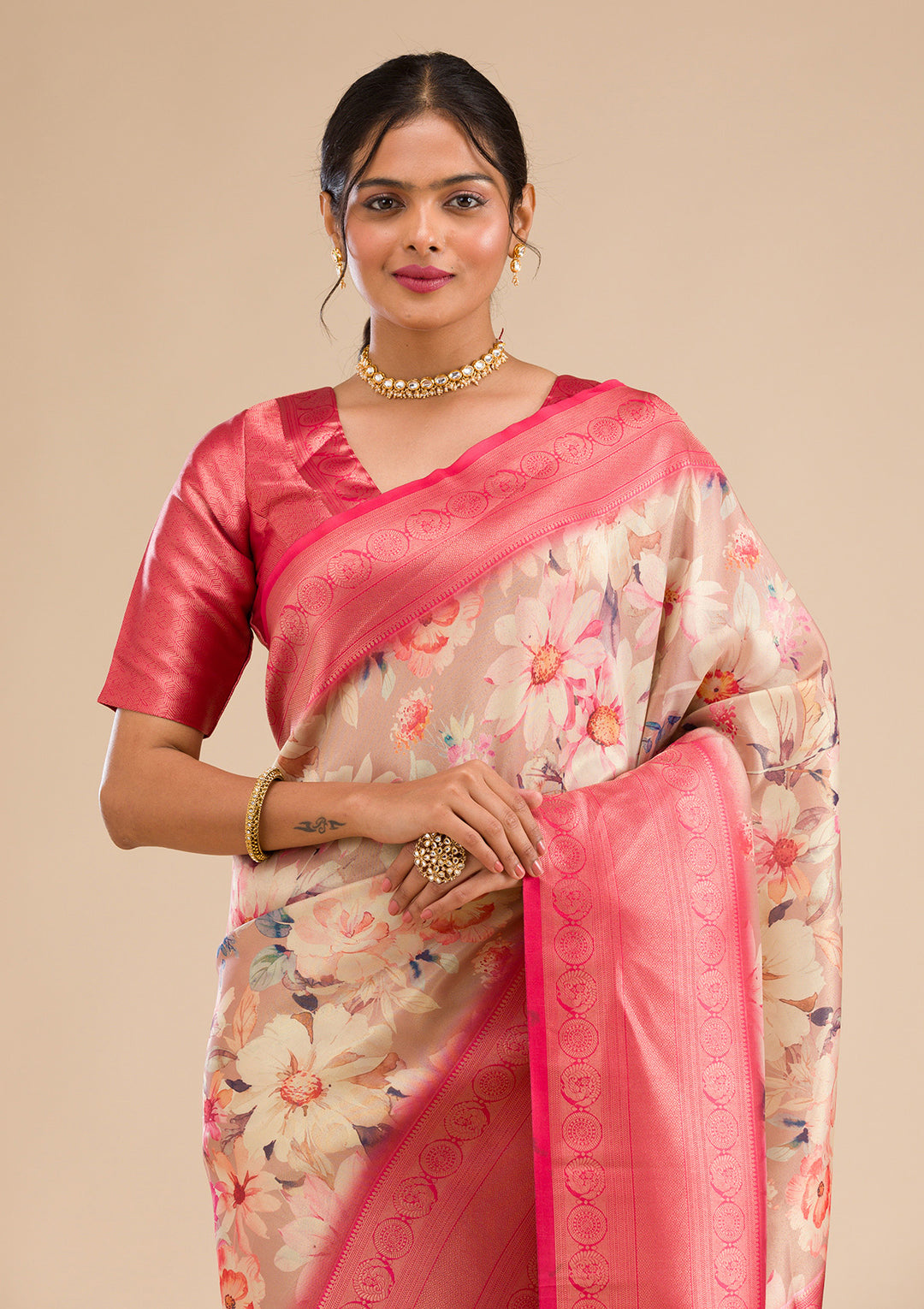Beige Printed Soft Silk Saree