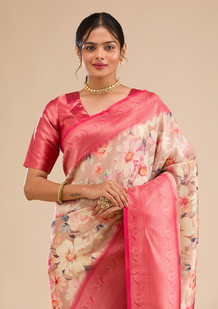 Beige Printed Soft Silk Saree