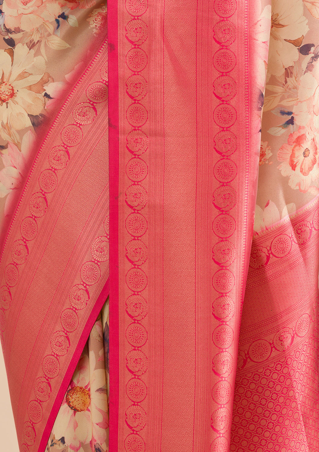 Beige Printed Soft Silk Saree