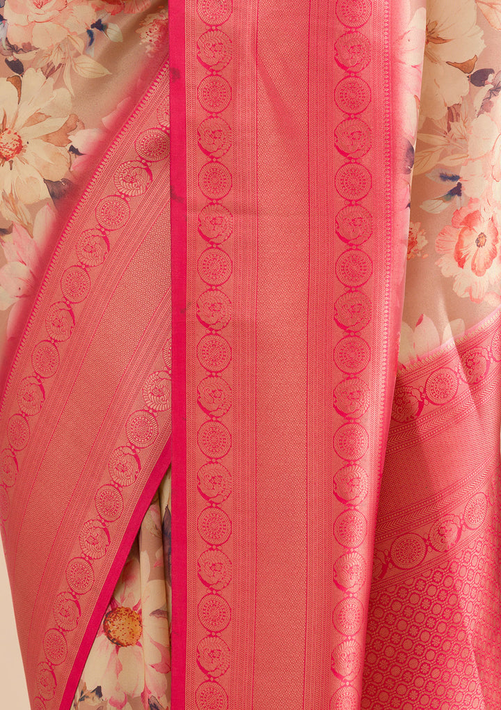 Beige Printed Soft Silk Saree