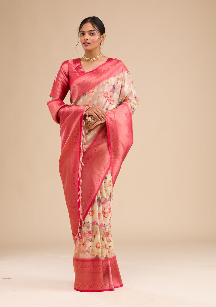 Beige Printed Soft Silk Saree