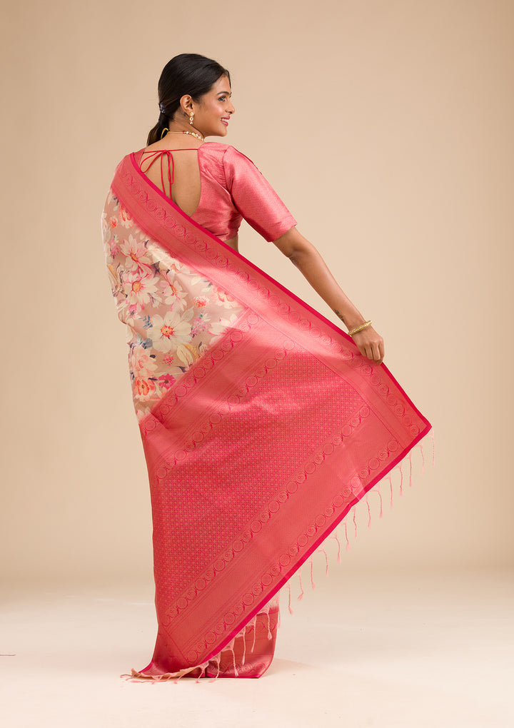 Beige Printed Soft Silk Saree