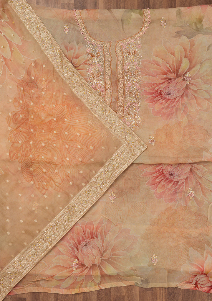 Beige Printed Tissue Unstitched Salwar Suit