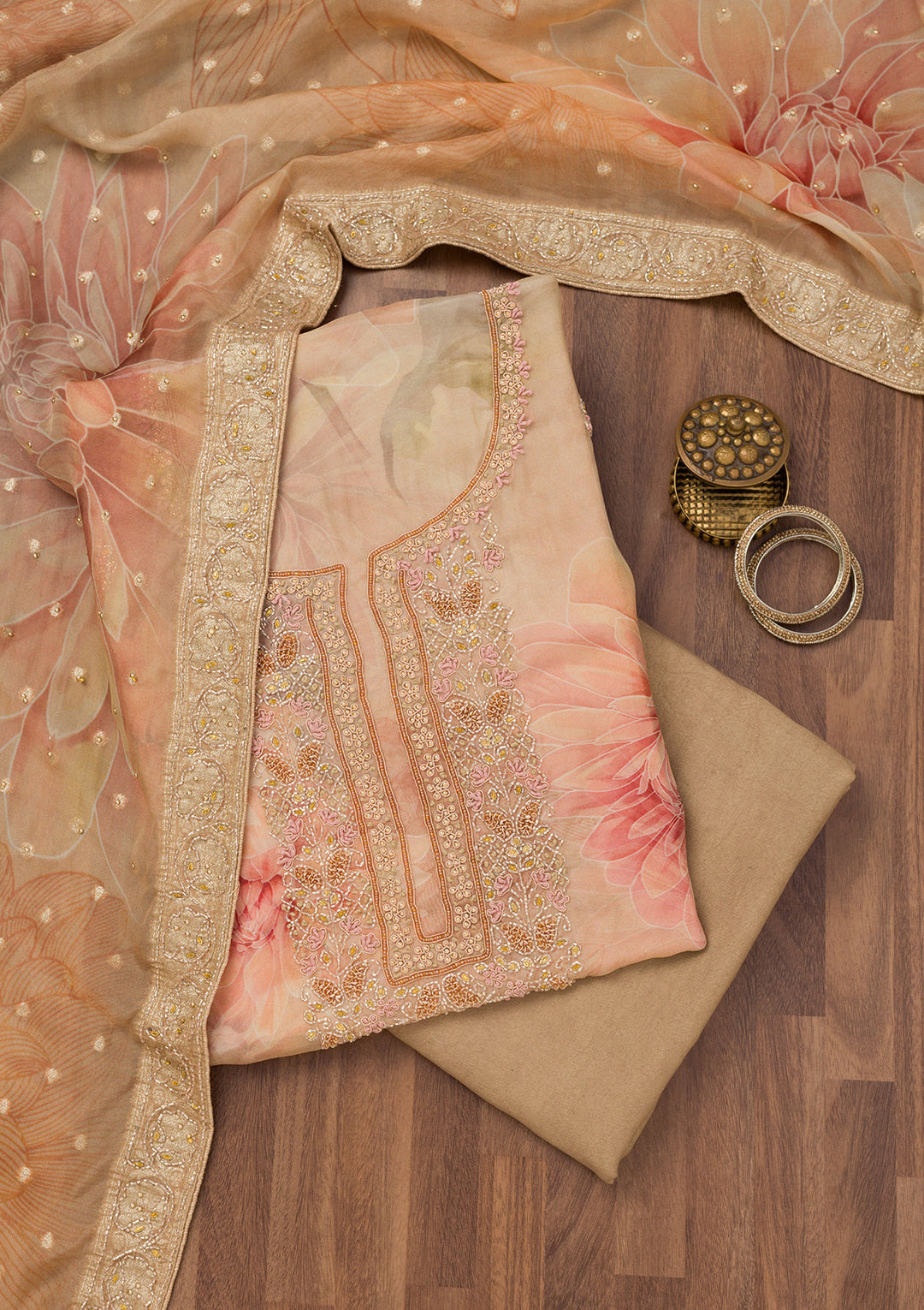 Beige Printed Tissue Unstitched Salwar Suit