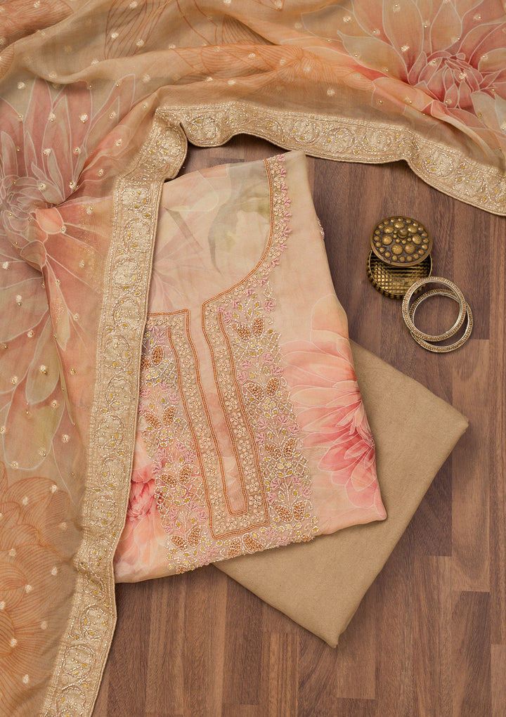 Beige Printed Tissue Unstitched Salwar Suit